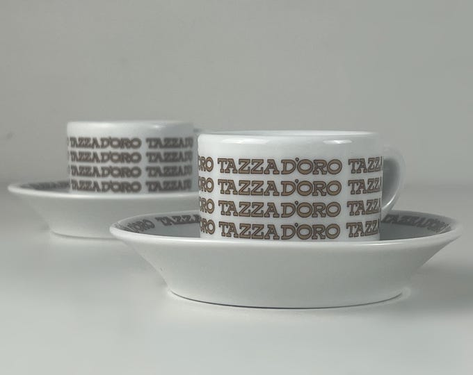 Set of 2 vintage Richard Ginori, bar quality espresso cups and saucers advertising Tazza d'Oro, manufactured in Italy 1980s