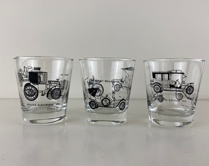 Oldtimer cars drinking glasses, lemonade glasses, juice glasses set of 3, vintage from the 1990s