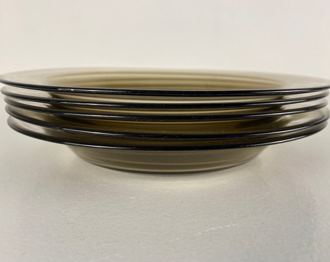 Arcoroc France, smoked glass soup plates, deep plates, set of 2 or 3, tempered glass plates, mid century modern dinnerware from the 1970s