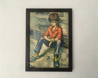 Vintage big eyed boy with a daisy in his mouth sitting on the sidewalk, framed cardboard, wall art 1970s