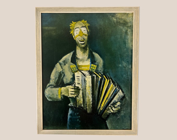 Clown with accordion in wooden frame, original rare '60s Joseph Kutter art print.