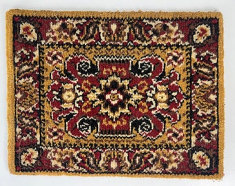 Small oriental style rug, small carpet, table topper, made of wool, red, black, beige and off white accents, 1960s