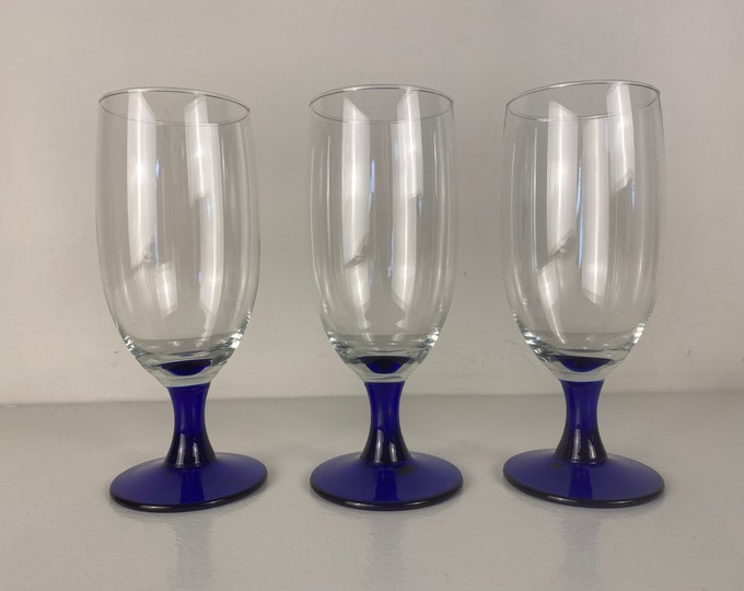 3 (large) vintage champagne glasses, sparkling wine, prosecco glasses, flutes, blue stem, Mid century modern barware 1970’s