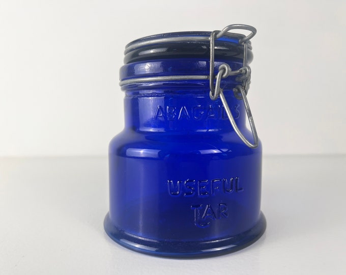 Abagail's Useful Jar, cobalt blue glass one pint storage jar Crownford-China, made in Italy, 1900