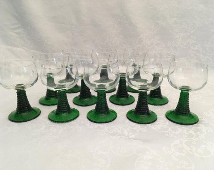 Vintage green stemmed wine glasses, Roemer wine glasses, sets of 3, 4, 5 or 6 glasses made in France, from the 1970s
