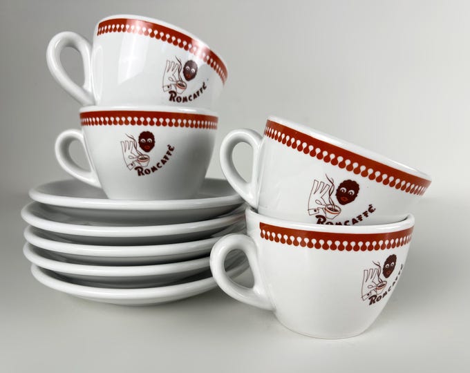Set of 4 porcelain coffee or cappuccino cups, heavy bar quality porcelain advertising Romcaffe, manufactured by ACF Italy