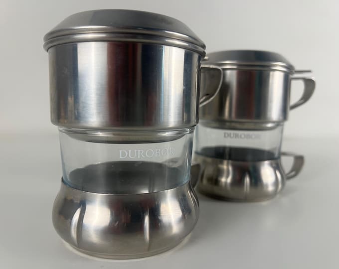 Set of 2 French - Belgian coffee - tea makers stainless steel and glass, Durobor Belgium, from the 1980s