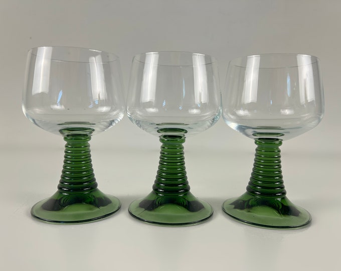 2 or 3 large green stemmed wine glasses, green colored ribbed stem, vintage mid century design barware from the 70s, France