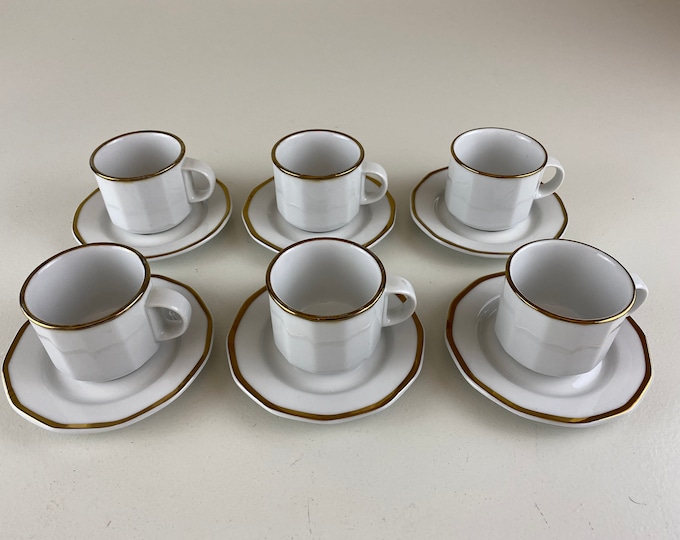 6 Espresso cups and saucers white with golden rim, Lubiana, made in Poland, vintage from the 1990's