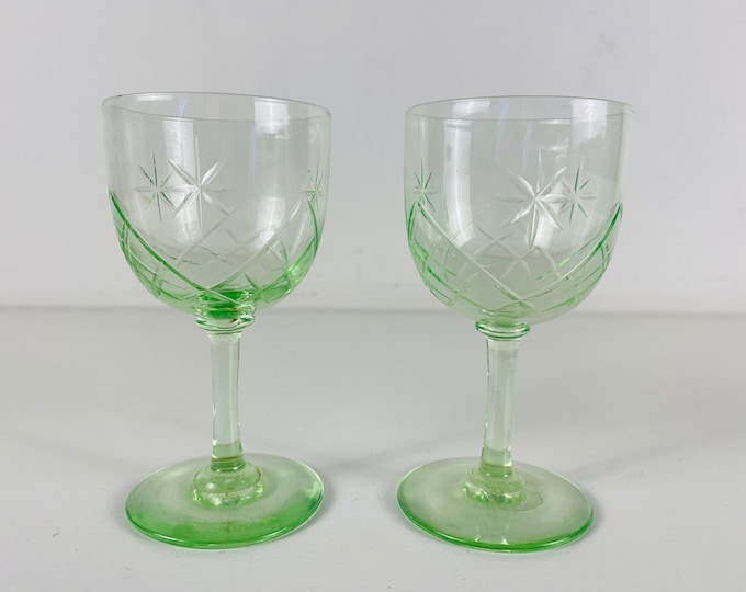 2 delicate green crystal wine glasses, cut to clear glass from the 50's, beautiful mid century modern barware