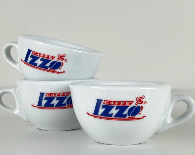 Set of 3 espresso cups, vintage, bar quality porcelain espresso cups, advertising "Caffè Izzo" manufactured IPA Italy. From the 1980s