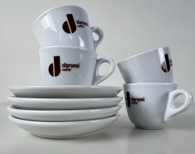 Set of 4 espresso cups with matching saucers, heavy bar quality porcelain, Caffè Danesi manufactured in Italy, 1990s