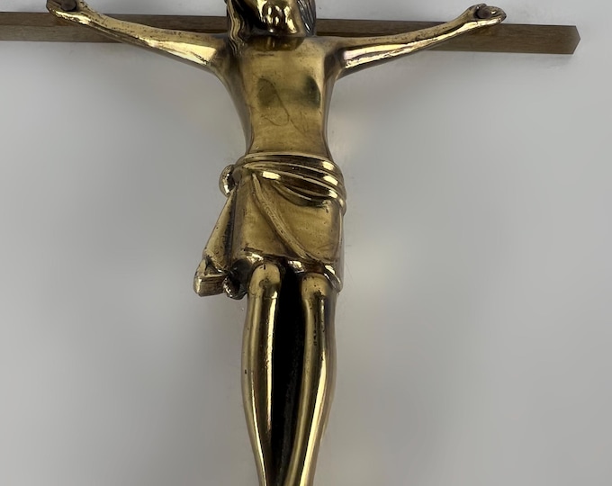 Vintage catholic wall crucifix, metal, brass wall hanging crucifix, religious decor from the 1960s