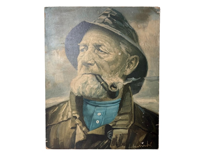 Vintage portrait art print of pipe-smoking fisherman, old sailor, mid century wall art 1970's, Original by Harry Haerendel