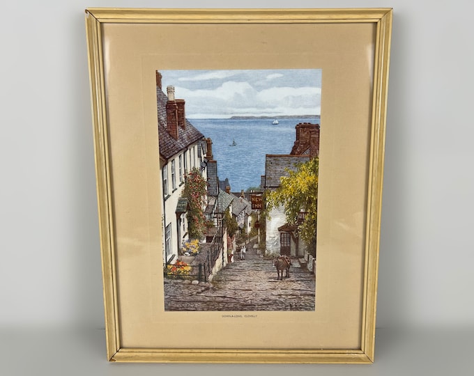 Nice vintage art print of the famous Down-a-long streety of Clovelly Devon, vintage wall art from the 1950s