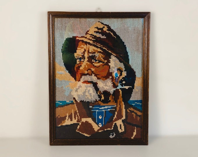 Vintage embroidery framed portrait of Dorus Rijkers, a pipe-smoking fisherman, mid century wall art 1970's, Original by Harry Haerendel