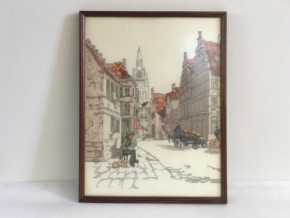 romantic landscape with windmill Framed cross stitched retro embroidery painting mid century sailboat and farm