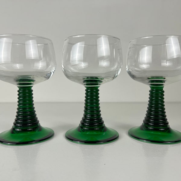 Set of 3 or 4 large green stemmed wine glasses, Alsace wine glasses, Roemer glasses, vintage barware from the 1970s