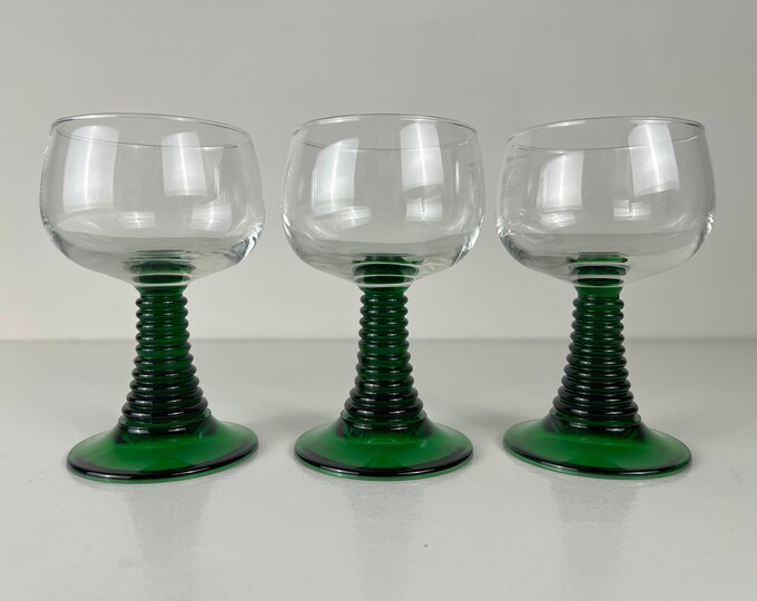 Set of 3 or 4 large green stemmed wine glasses, Alsace wine glasses, Roemer glasses, vintage barware from the 1970s