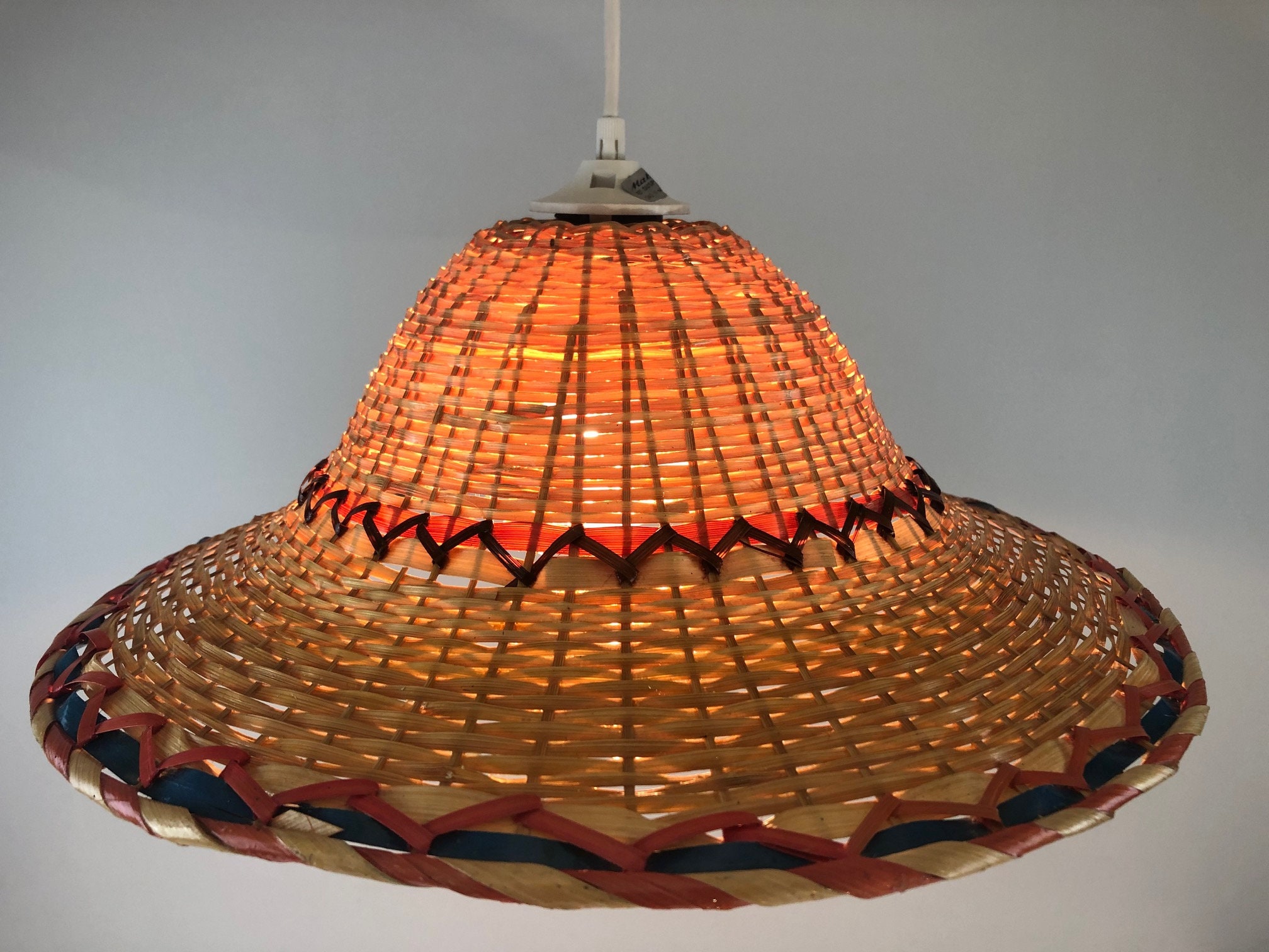 Wicker ceiling lamp, rattan pendant light, vintage hanging lamp from
