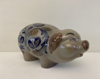 Large brown ceramic glaze stoneware piggy bank, vintage pig piggybank lovely decorated with flowers, 1980s design