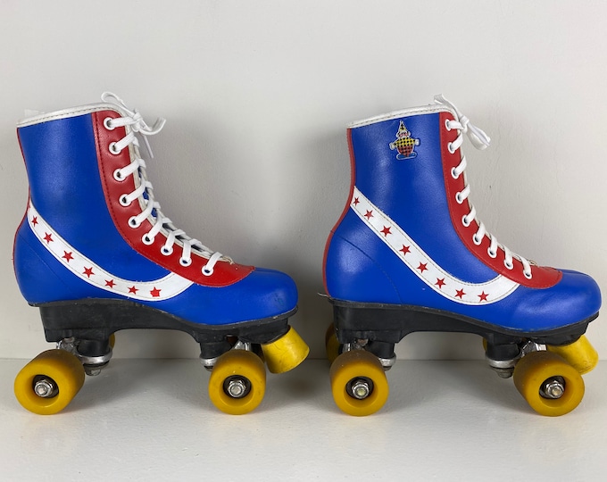 Vintage children disco Roller skates blue, red and white, 70s Retro Rainbow rollerskates, "Bart Smit" Size EU 34 US child 2.5/3, UK 8.5 inch