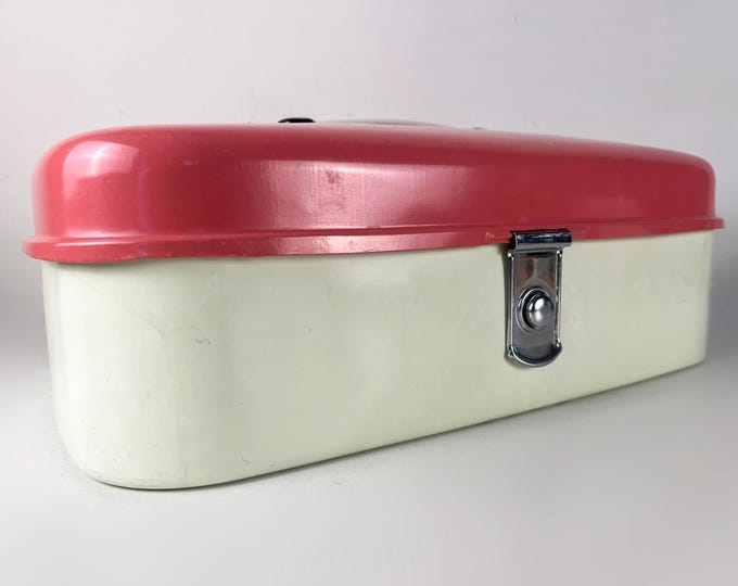Brabantia metal bread box, pink and pastel yellow colored bread bin, Dutch vintage mid century design 1950s