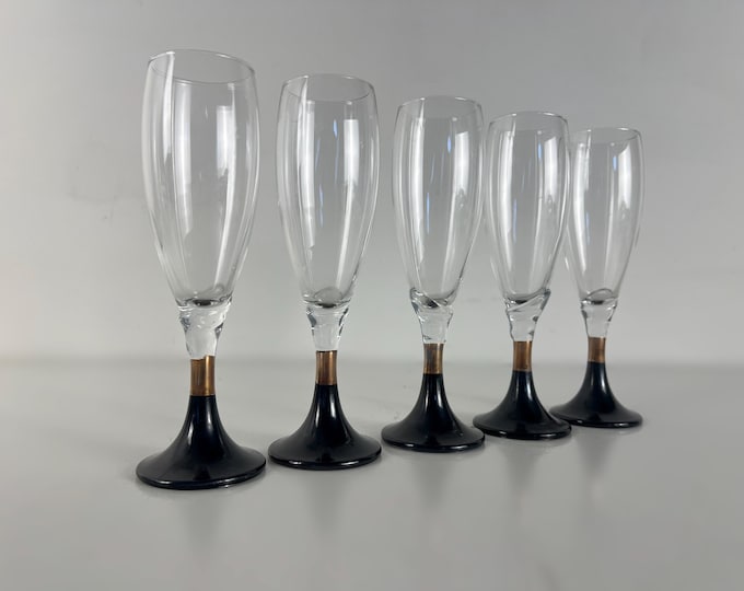 Set of 5 vintage Rocco Bormioli Arianne Sky Italian champagne glasses with painted black and gold graceful stem, Italy 1980s