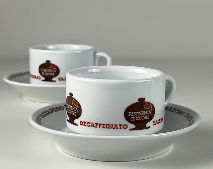 Set of 2 very nice vintage Richard Ginori, coffee or cappucino cups and saucers advertising Tazza d'Oro, manufactured in Italy 1980s