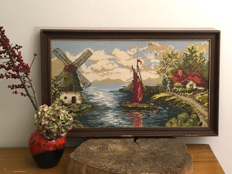 romantic landscape with windmill Framed cross stitched retro embroidery painting mid century sailboat and farm