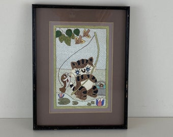 Fishing cat, sewing embroidery wall art, lovely mid century modern framed wall art from the 1950's