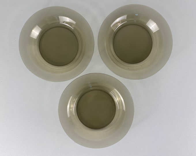 Arcoroc France, smoked glass soup plates, deep plates, set of 2 or 3, tempered glass plates, BP version, mcm dinnerware from the 1970s
