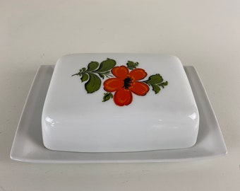 Schumann Arzberg Butter dish, orange flower design, Vintage 1960's Bavaria West Germany mid century modern kitchenware