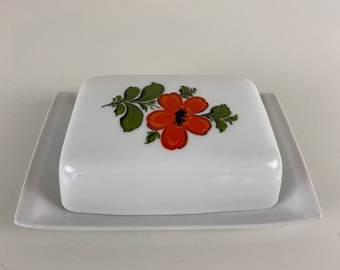 Schumann Arzberg Butter dish, orange flower design, Vintage 1960's Bavaria West Germany mid century modern kitchenware