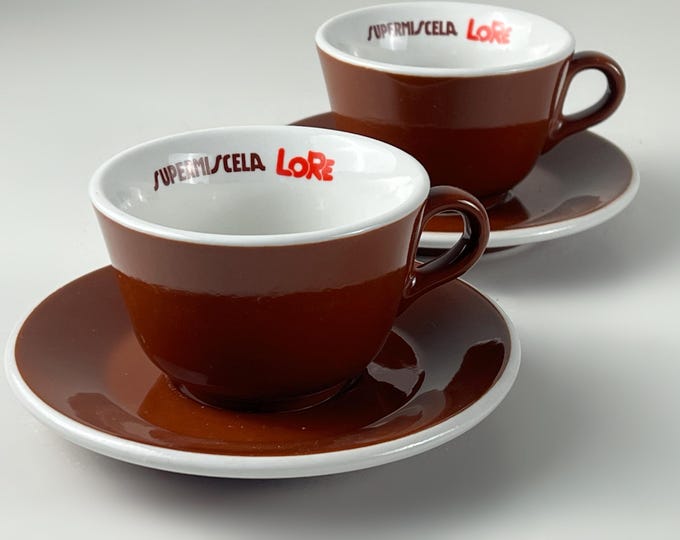 Set of 2 vintage Supermiscela LoRé cappuccino cups and saucers – brown and white Italian porcelain manufactured by ACF