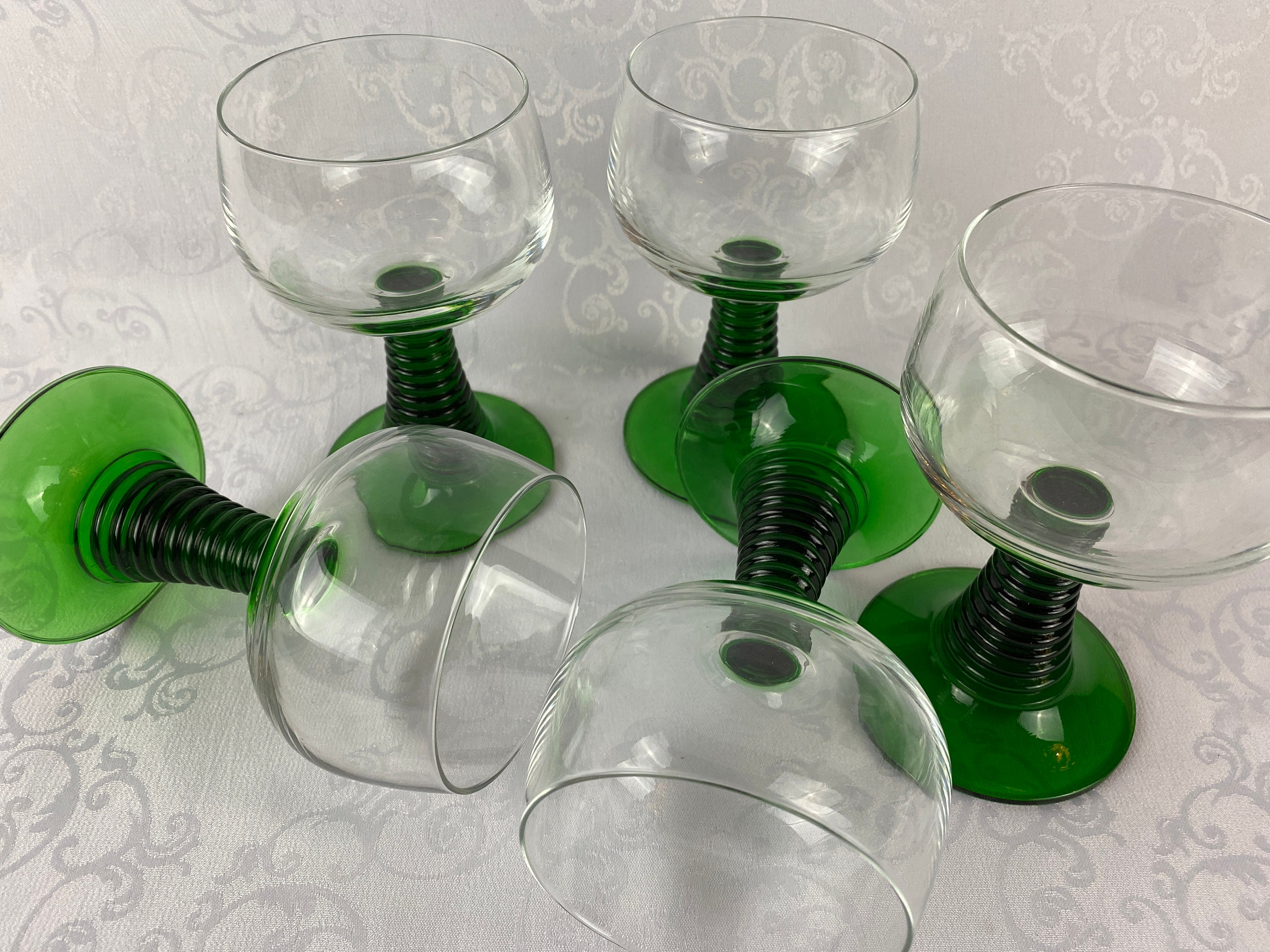 5 large green stemmed wine glasses, green colored ribbed stem, roemer