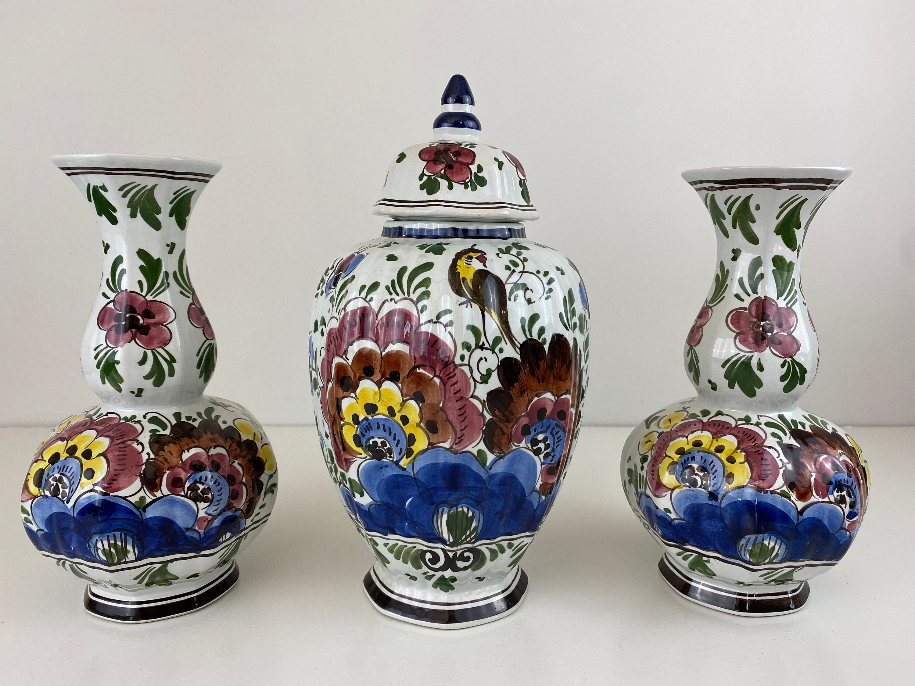 3 Beautiful handpainted Delft porcelain vases, set with