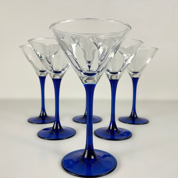 Luminarc Oceane Saphir Martini, cocktail glasses with blue stem, Set of 6 made in France, Mid century modern barware from the 1990s