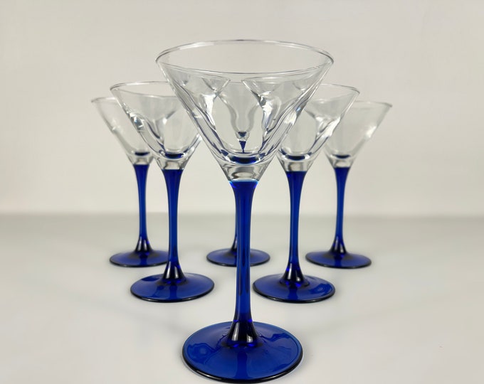 Luminarc Oceane Saphir Martini, cocktail glasses with blue stem, Set of 6 made in France, Mid century modern barware from the 1990s