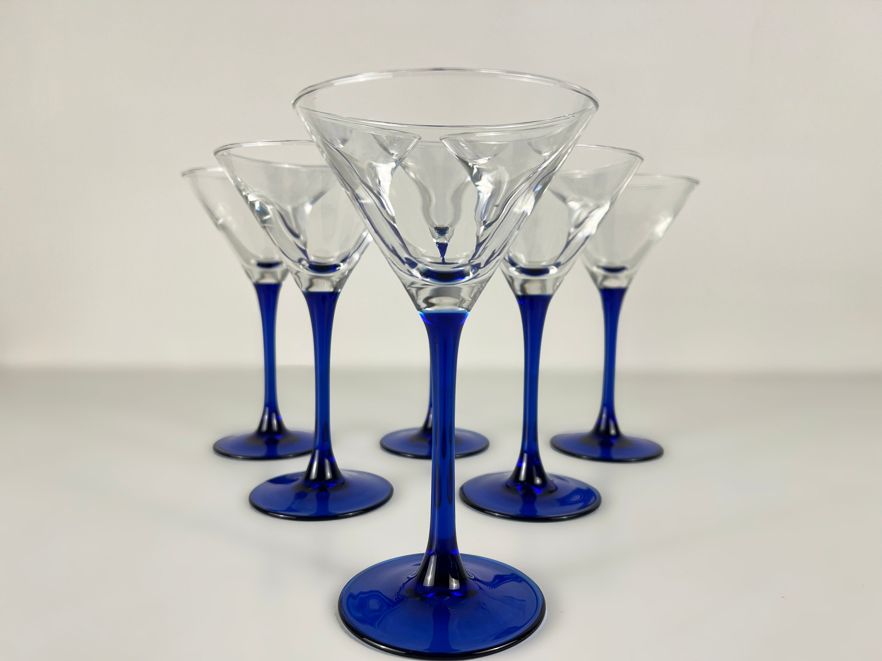 2) LUMINARC SMALL MARTINI GLASSES w/COBALT BLUE STEM