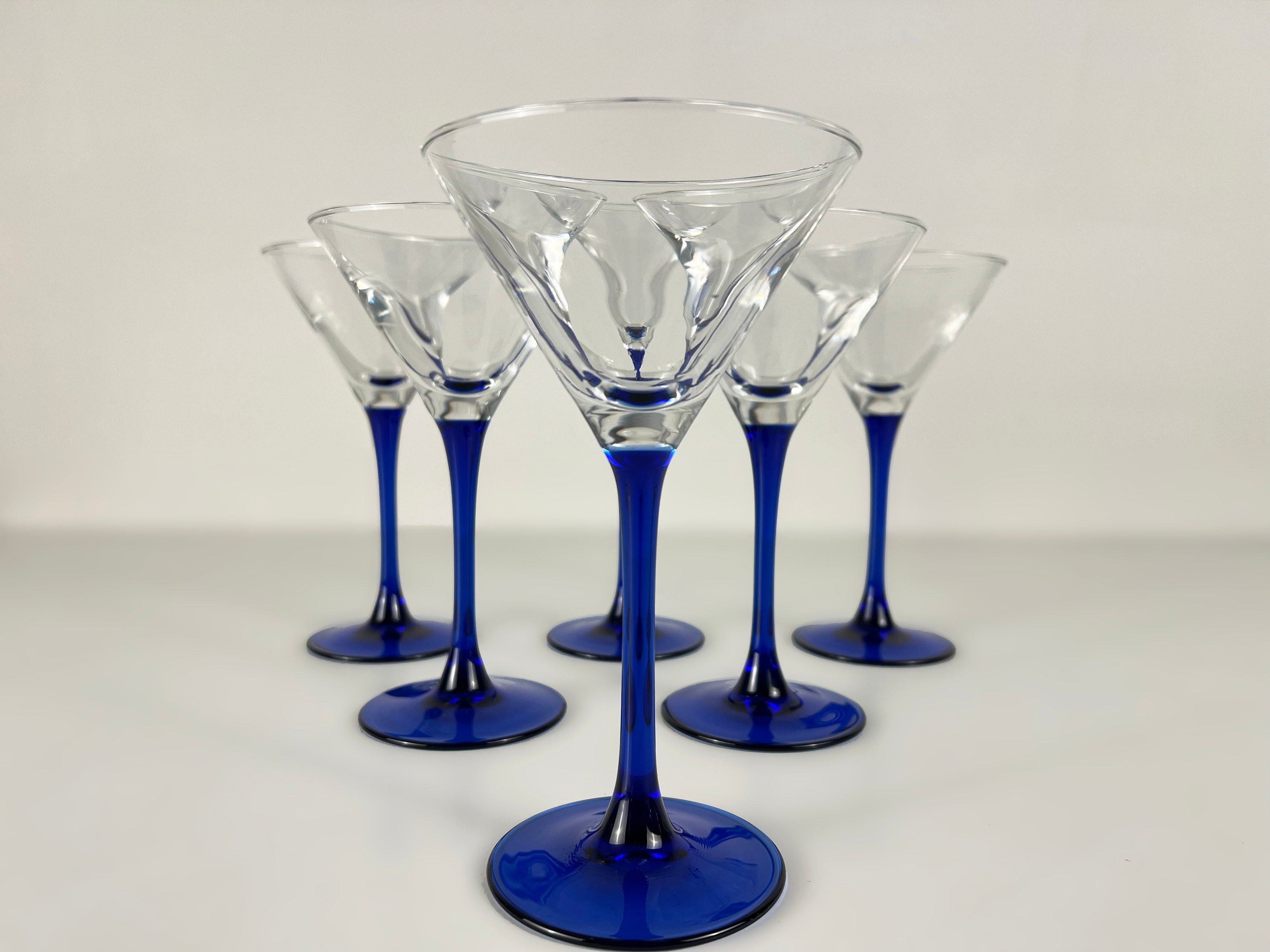 2) LUMINARC SMALL MARTINI GLASSES w/COBALT BLUE STEM