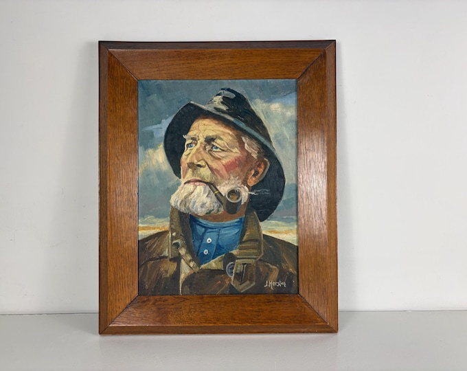 Vintage framed portrait painting of pipe-smoking fisherman, mid century wall art 1970's, Original by Harry Haerendel