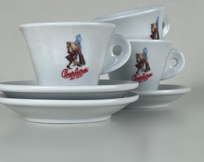 Sets of 3 Barbera porcelain bar quality cappucino or coffee cups with saucers. The cups are illustrated with Italian Barbera coffee logo.