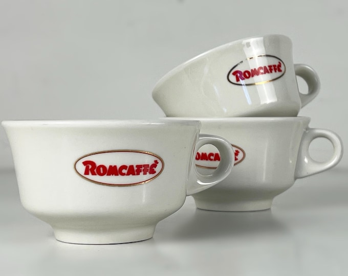 Set of 2 or 3 porcelain coffee or cappuccino cups, heavy bar quality porcelain, advertising Romcaffè, manufactured by ACF Italy.
