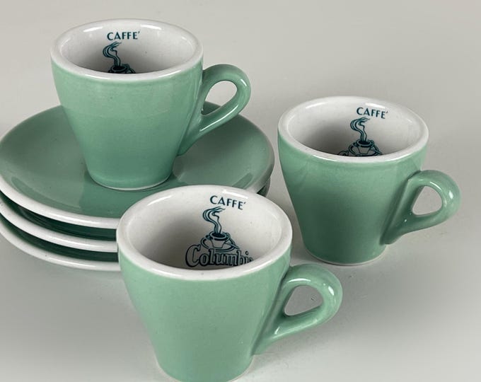 Set of 3 vintage porcelain espresso cups and saucers, light green and white colored advertising caffè Columbia Livorno, ACF Italy.