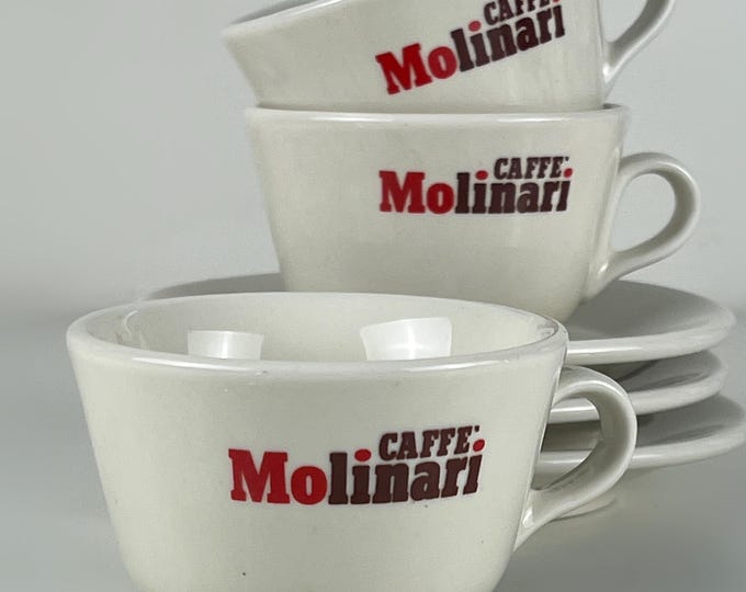 Set of 2 or 3 porcelain coffee or cappuccino cups, heavy bar quality porcelain advertising Caffe Molinari, ACF Italy 1980s