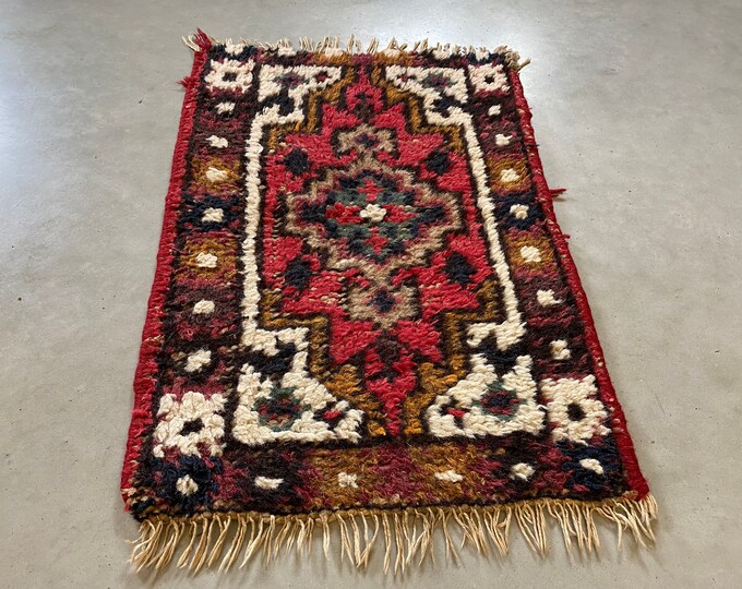 Small oriental rug, small carpet, made of wool, hand knotted, red, blue, beige, brown and more accents, 1960s Mid century modern style