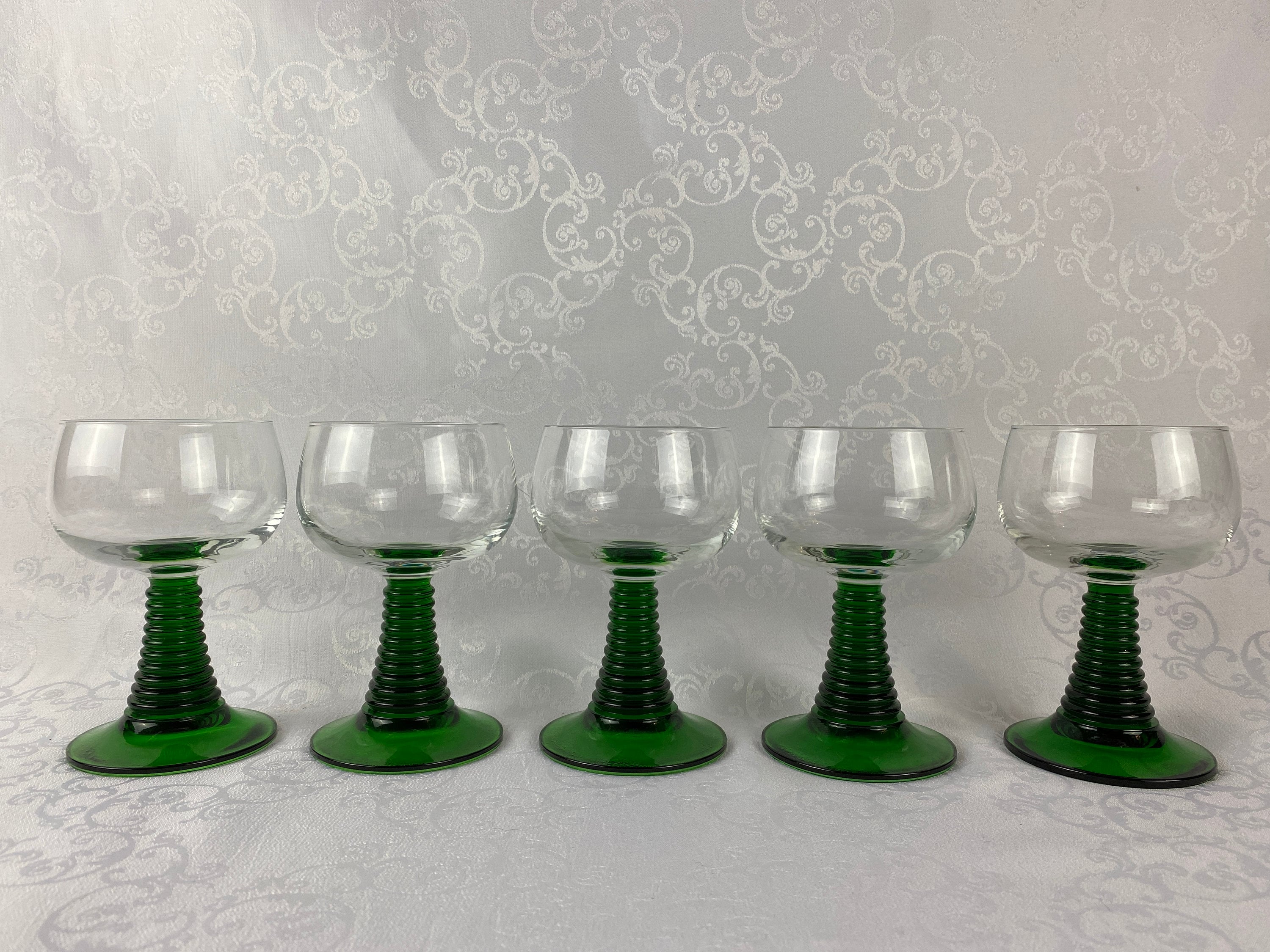 5 large green stemmed wine glasses, green colored ribbed stem, roemer