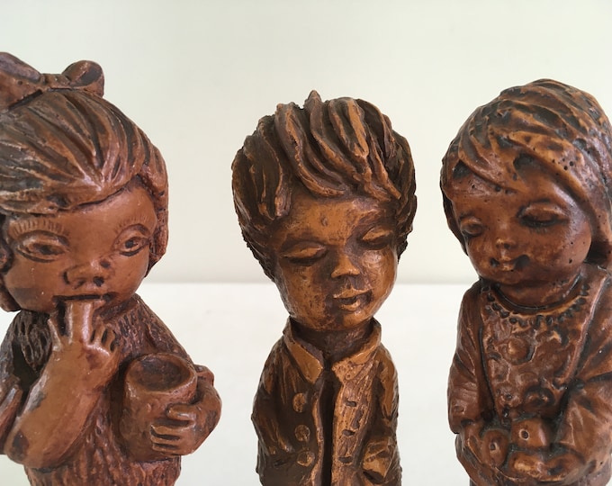 Set of 3 vintage resin figurines, faux wood resin girls and boy, resin sculptures, mid century modern figurines from the 1960s