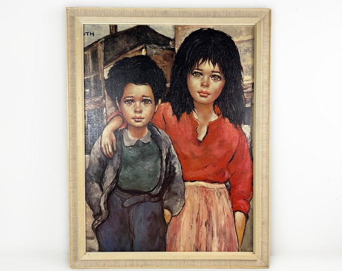 Framed vintage art print “Brother and Sister by Etienne Roth, 1960's mid century modern wall art, big eyed children wall art